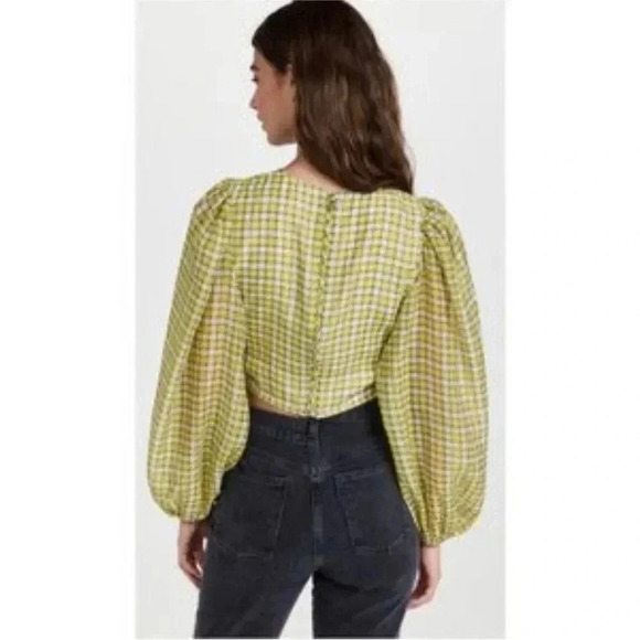 Ganni Womens 8 - 10 Yellow Plaid Organza Puffed Sleeve Cropped Top Blouse - Picture 5 of 15